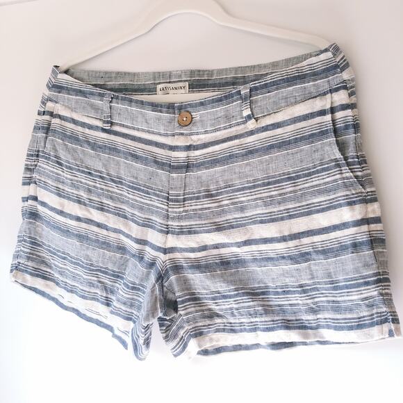 Artisan NY Womens 10 100% Linen Shorts Blue Stripe Lace Coastal Beachy Vacation - Picture 2 of 12